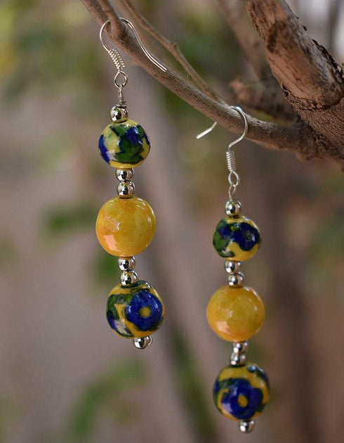 Blue Pottery 3 Beads Earrings (Yellow & Blue)